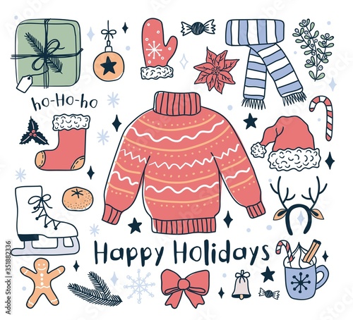 Happy holidays festive greeting card with winter elements vector illustration. Gift box with gloves scarf knitted red sweater antlers and santa claus hat flat style. Xmas concept