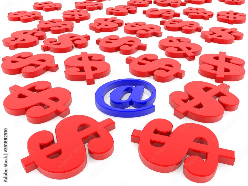 Obraz premium AT symbol between red dollars on a white background