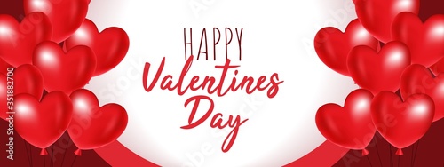 Happy valentines day banner with red balloons vector illustration. Festive bright lettering with congratulation flat design. Feast of Saint Valentine and love concept
