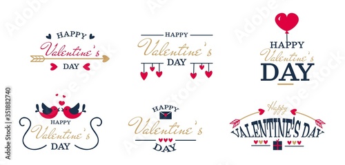 Happy valentines day romantic labels set vector illustration. Beautiful handwritten greeting lettering flat style. Cute heart decoration. Calligraphy and love concept. Isolated on white background