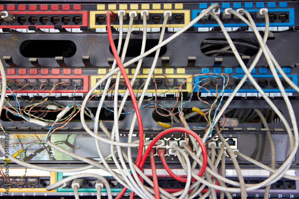 server cabinet with connected units and mixed wires server cabinet with connected units and mixed wires