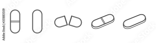 Outline style oval pills set isolated illustration on white background