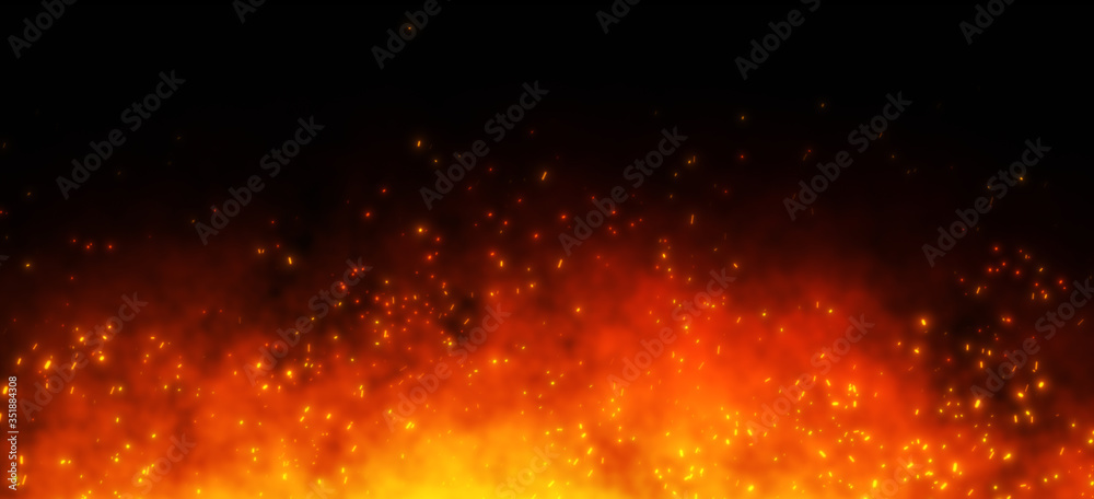 Fire embers particles over black background. Fire sparks background.  Abstract dark glitter fire particle lights. Stock Photo | Adobe Stock