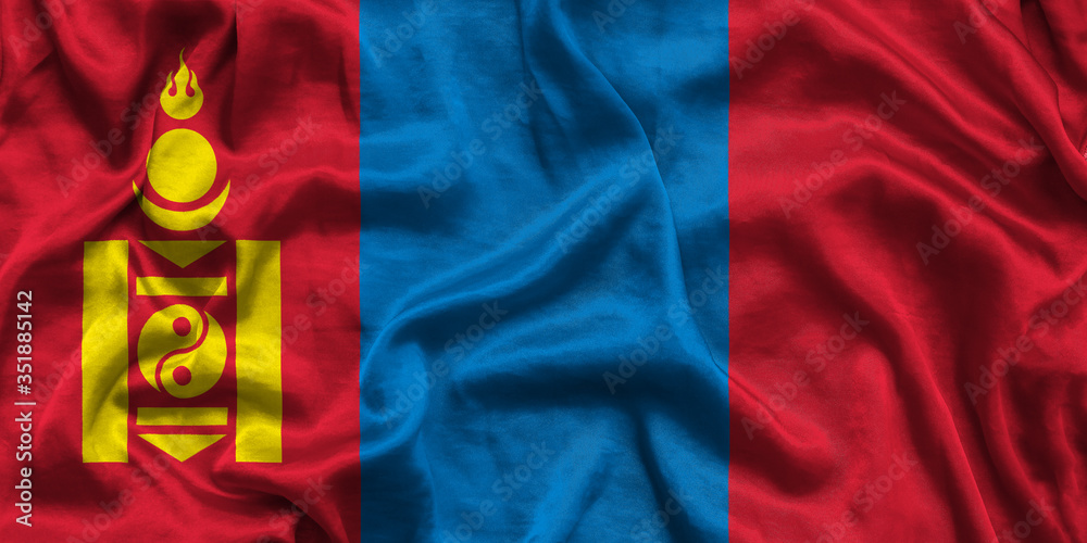 Naklejka premium National flag of Mongolia background with fabric texture. Flag of Mongolia in correct proportions waving in the wind. 3D illustration
