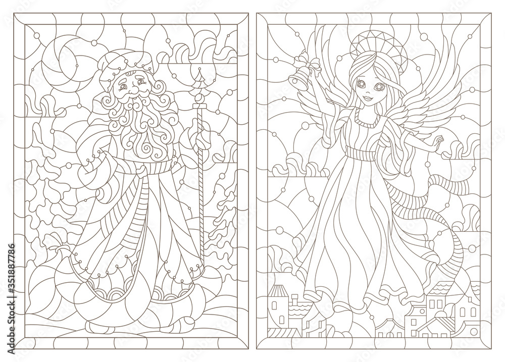 Fototapeta premium Set of contour illustrations of stained glass Windows on the theme of winter holidays, Santa Claus and angel girl, dark outlines on a white background