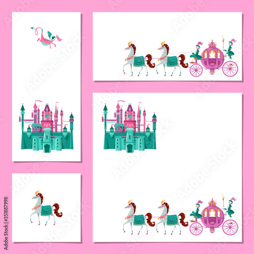 Set of 4 universal cards with Fairytale medieval castle and Princess Fantasy Carriage. Template. Happy birthday! Children’s party, congratulation card.