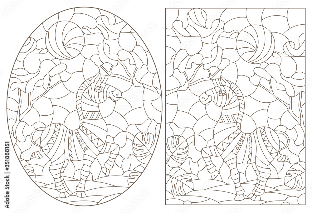 Set of contour illustrations of stained glass Windows with Zebras , dark contours on a white background