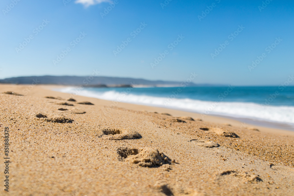 Traces on the sand of the beach in Nazare Portugal Traces on the sand of the beach in Nazare Portugal