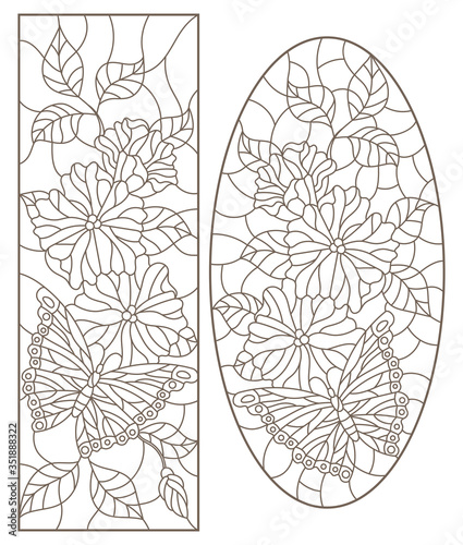 Set of contour illustrations of stained-glass Windows with flowers and butterflies, oval and rectangular image, dark contours on a white background