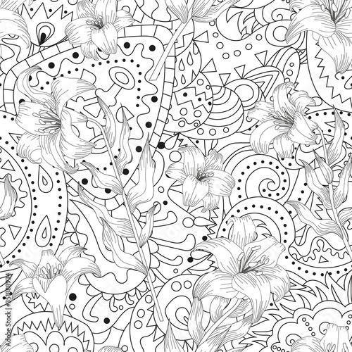 Coloring page - seamless pattern with lilies