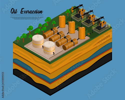 Isometric vector illustration of oil production. Oil pump, Tanks, oil pipeline, barrels,Landscape in section, with finding of deposits, oil, under layers of the earth.