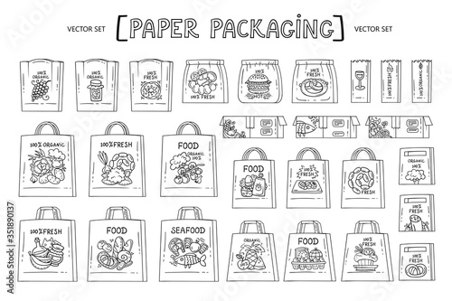 Vector cartoon set with paper packaging. Isolated bags and boxes for food delivery on white background. Hand drawn doodles for use in design. Line art
