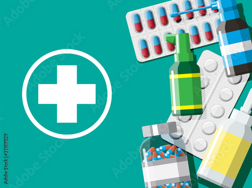 Medicine collection. Set of bottles, tablets, pills, capsules and sprays for illness and pain treatment. Medical drug, vitamin, antibiotic. Healthcare and pharmacy. Vector illustration in flat style