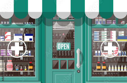 Facade pharmacy store with door. Exterior of drugstore. Medicine pills capsules bottles vitamins and tablets on showcase. Storefront shop building, street architecture. Flat vector illustration