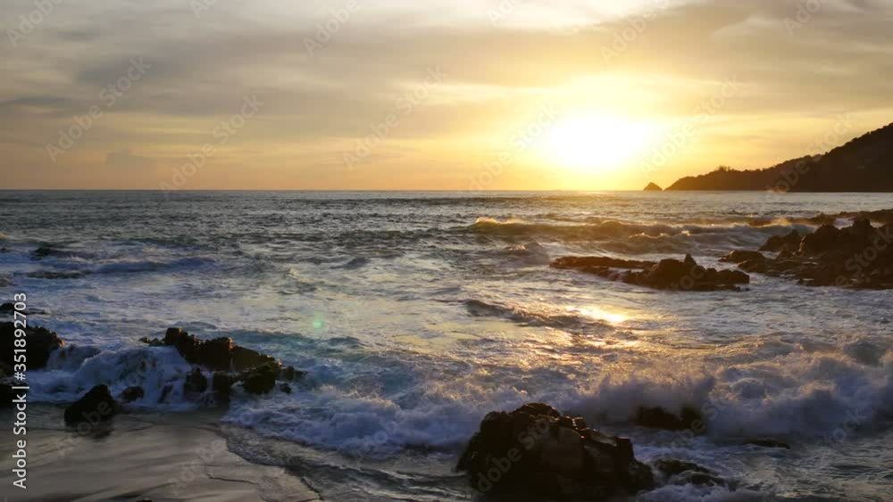 moving sea wave water hit sand and rock beach, horizon skyline mountain long distance, beautiful colorful cloudy twilight sky background at sunset time, nature and travel concept moving sea wave water hit sand and rock beach, horizon skyline mountain long distance, beautiful colorful cloudy twilight sky background at sunset time, nature and travel concept