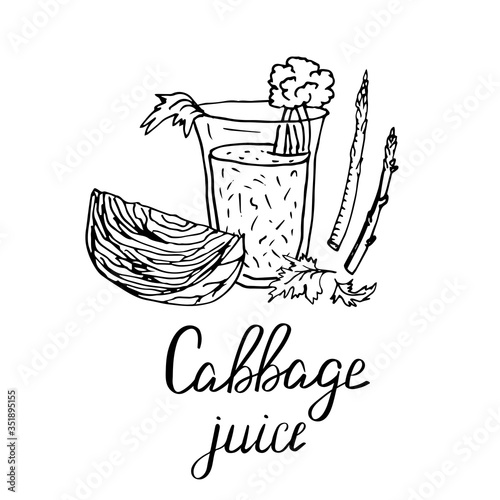 Glass of vegetable juice with half cut head of cabbage, parsley, asparagus. Vector illustration black and white doodle on white background, isolated cut-out objects with lettering