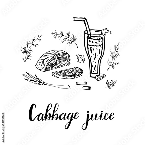 Glass of vegetable juice with drinking tube, half cut head of cabbage, parsley, dill, onion. Vector illustration black and white doodle on white background, isolated cut-out objects with lettering