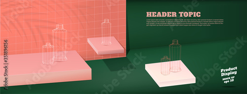 Vintage studio table with product display block background.dark green and peach with palm leaf shadow and hard light room for display of product.mockup banner for advertising online