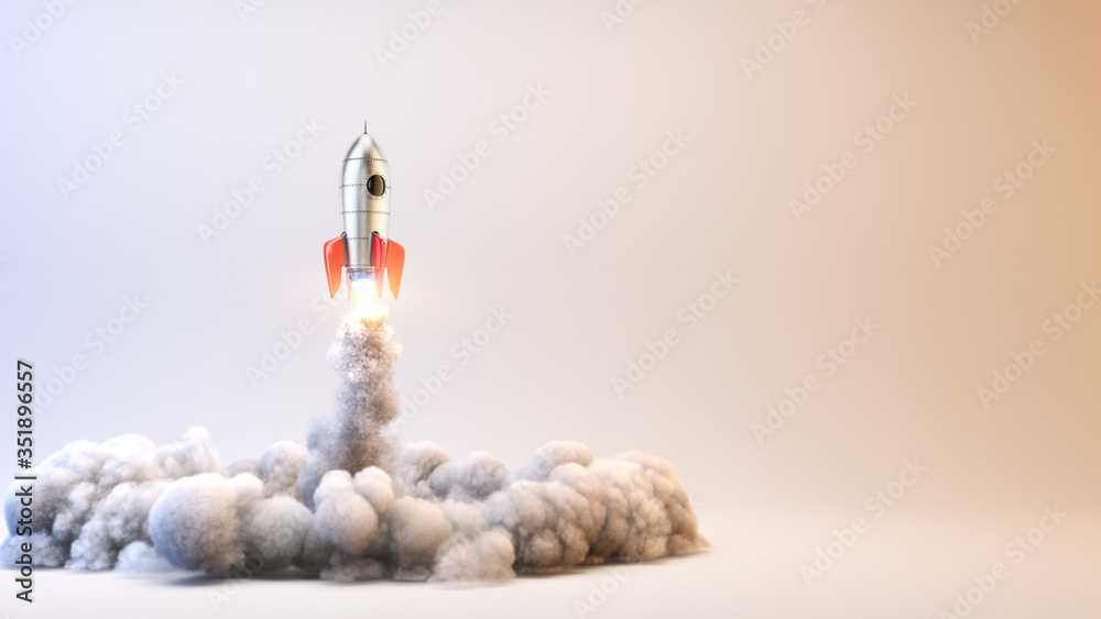 Launch Rocket - startup concept - 3d rendering of 3d rocket launch. - obrazy, fototapety, plakaty 