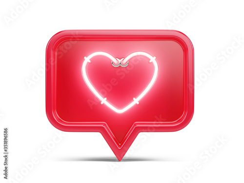 Glowing neon Like social media notification icon with heart symbol. Social media success concept - 3d rendering photo