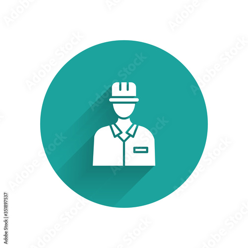 White Oilman icon isolated with long shadow. Green circle button. Vector