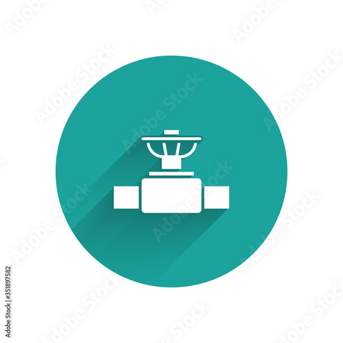 White Industry metallic pipe and valve icon isolated with long shadow. Green circle button. Vector