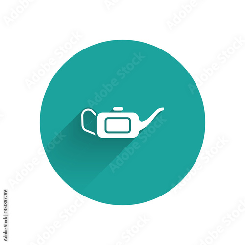 White Canister for motor machine oil icon isolated with long shadow. Oil gallon. Oil change service and repair. Green circle button. Vector