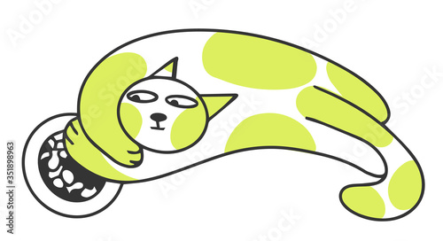 Funny greedy cat is eating Vector illustration doodle style 