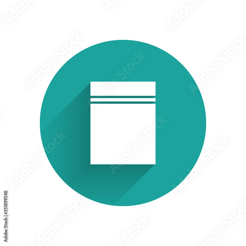 White Plastic bag with ziplock icon isolated with long shadow. Green circle button. Vector