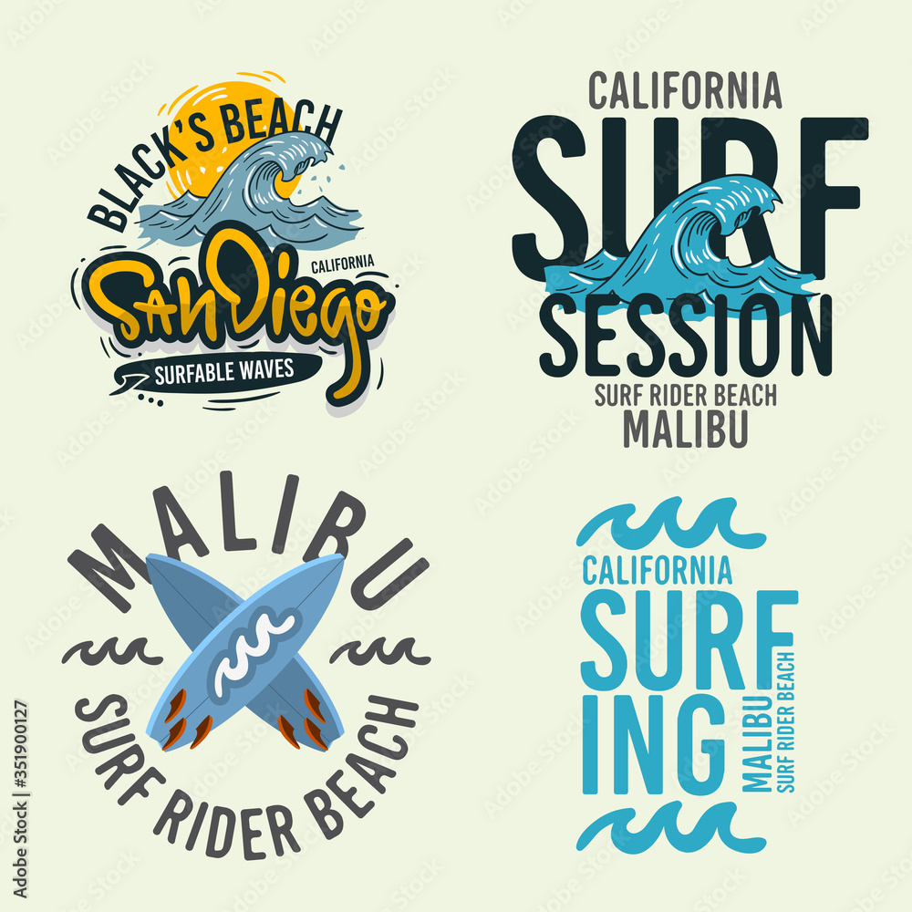 Surfing Style Surf Summer Time Beach Life Hand Lettering Vector Illustrations Set Designs. Surfing Style Surf Summer Time Beach Life Hand Lettering Vector Illustrations Set Designs.
