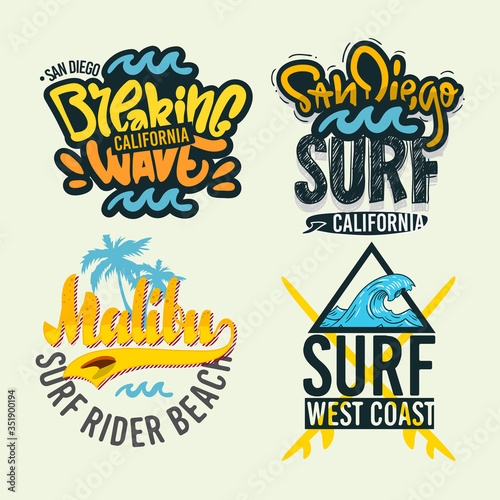 Surfing Style Surf Summer Time Beach Life Hand Lettering  Vector Illustrations Set Designs.