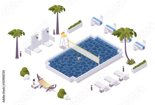 Isometric pool with water volleyball net in a hotel, aquapark, villa. Scene good for outdoor design