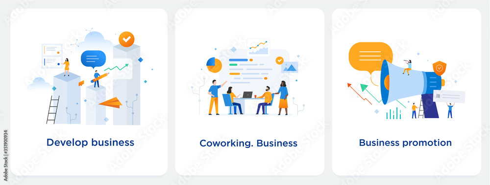 Set of illustrations concept with business concept. Workflow, growth, graphics. Business development, milestones. lillustration infographics. Landing page site print poster