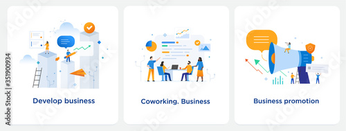 Set of illustrations concept with business concept. Workflow, growth, graphics. Business development, milestones. lillustration infographics. Landing page site print poster