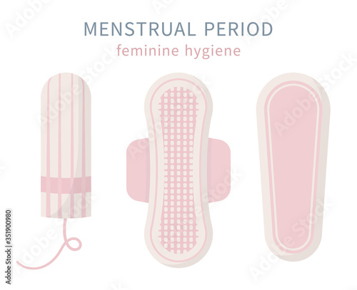 Isolated set of sanitary napkin pad, panty liner, tampon. Flat vector illustration of feminine hygiene products, women cervix protection during period, critical days on white background.
