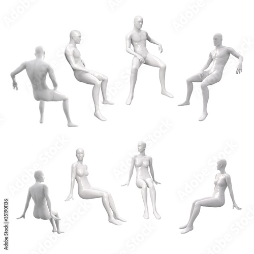 Set of invisible female and male figure. Multi-colored transparent plastic or glass figure in a sitting pose. Front, back, side view. 3d illustrations isolated on white background.