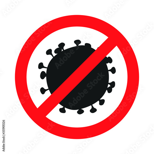 Forbidden sign with virus particle icon. Stop silhouette symbol. Antiviral immunity. Vector isolated illustration