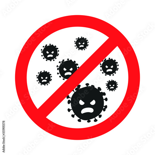 Forbidden sign with virus particle icon. Stop silhouette symbol. Antiviral immunity. Vector isolated illustration
