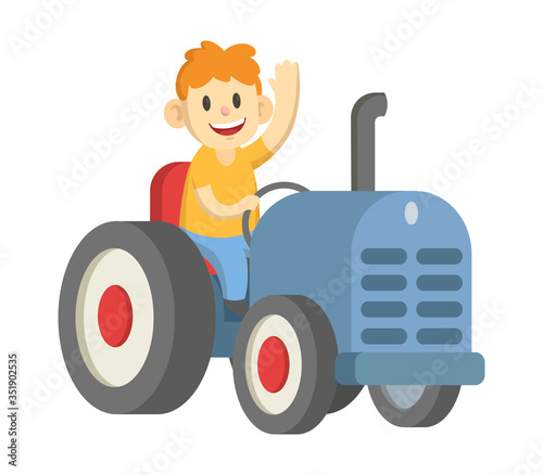 Smiling farmer driving big wheeled tractor and waving hello. Flat vector illustration, isolated on white background.