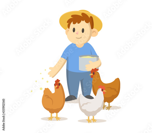 Happy farmer in a straw hat feeds the chickens. Cartoon character. Flat vector illustration, isolated on white background.