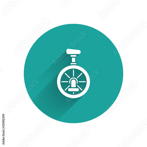 White Unicycle or one wheel bicycle icon isolated with long shadow. Monowheel bicycle. Green circle button. Vector