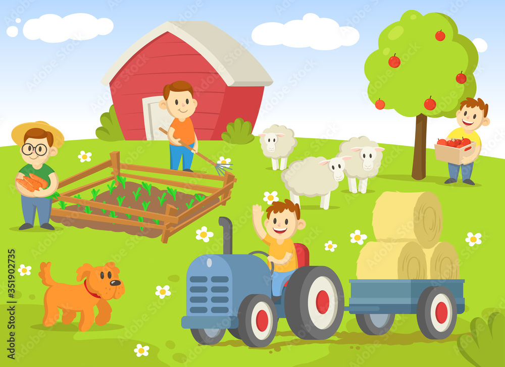 Life on a farm with field, trees, tractor, shed, and animals. Colorful flat vector illustration, isolated on white background. Life on a farm with field, trees, tractor, shed, and animals. Colorful flat vector illustration, isolated on white background.
