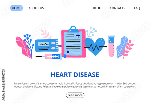 Web page template with big pulseoximeter, syringe, blank clipboard, pulse, test tube, leaves. Heart disease. Landing page concept. Modern flat doodle vector background.