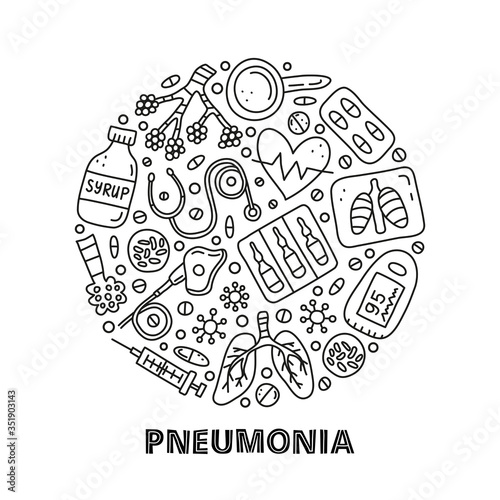 Poster with lettering and doodle outline pneumonia icons including alveoli, lungs, x-ray, cough syrup, heart, icu ventilator, pulse oximeter, vaccine ampoules, etc composed in circle shape.