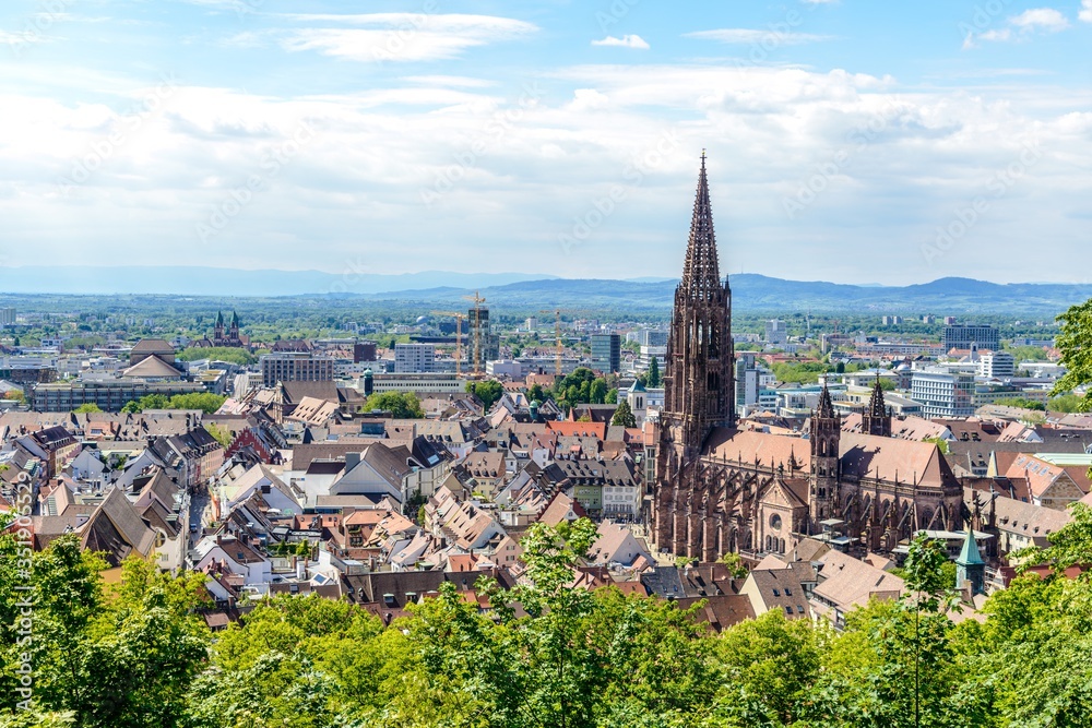 Aerial view on Freiburger Munster Cathedral church. Freiburg im Breisgau, Baden-Wurttemberg, Germany