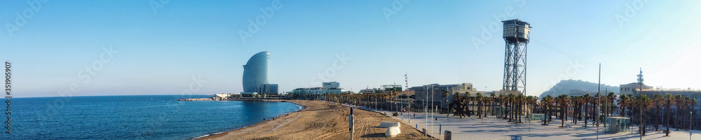 Barcelona. Beach area of Barceloneta during coronavirus pandemic. Catalonia.Spain