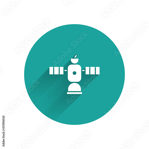White Satellite icon isolated with long shadow. Green circle button. Vector