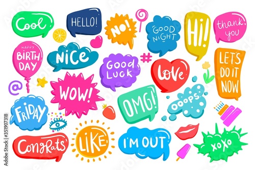 Set of colorful speech bubbles with phrases. Creative shapes, boxes with place for text. Chat, message, stories backgrounds, design elements.