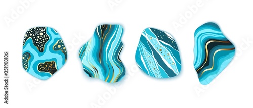 Set of blue, golden, turquoise stones. Natural shapes and marbled textures. Design elements for compositions, backgrounds, patterns.