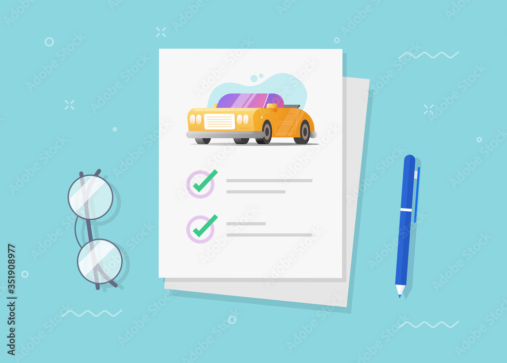 Car or vehicle insurance policy document with checklist with ticks or automobile loan finance paper sheet agreement check list vector flat cartoon illustration, idea of auto security contract desig Car or vehicle insurance policy document with checklist with ticks or automobile loan finance paper sheet agreement check list vector flat cartoon illustration, idea of auto security contract desig